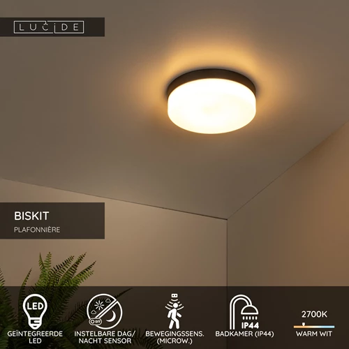 Lucide BISKIT - Plafonnière Badkamer - Ø 28 cm - LED - 1x18W 2700K - IP44 - Bewegingssensor - Zwart - USP